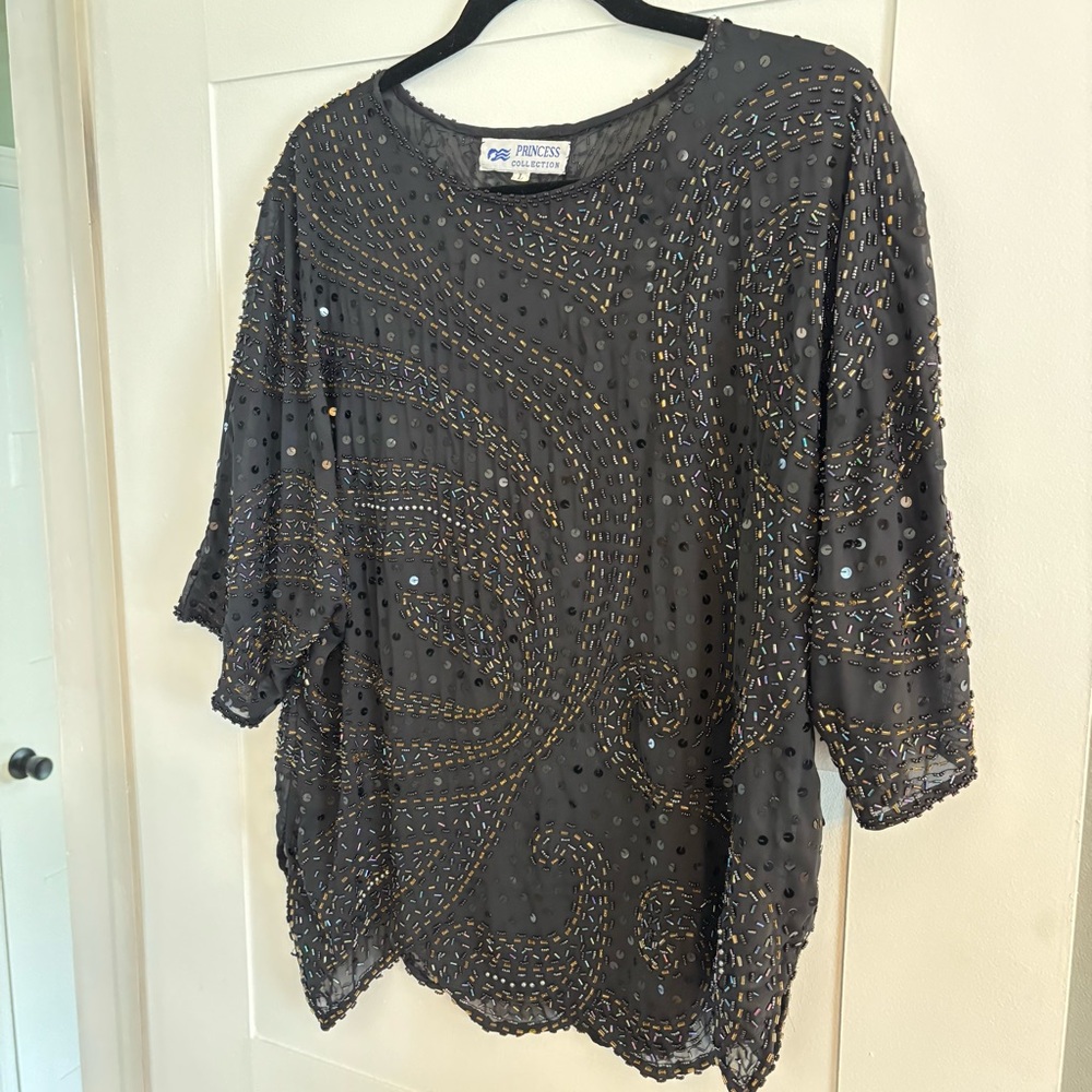 Vintage 80s Princess Collection beaded & sequin short sleeve sheer black blouse